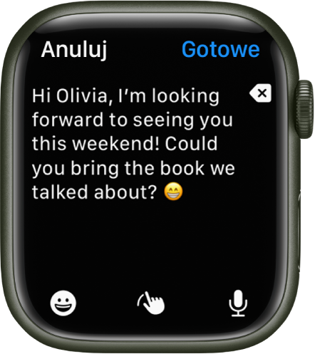 Ekran wprowadzania tekstu; u góry znajduje się tekst z emoji, a na dole przyciski Emoji, pisania odręcznego i dyktowania.