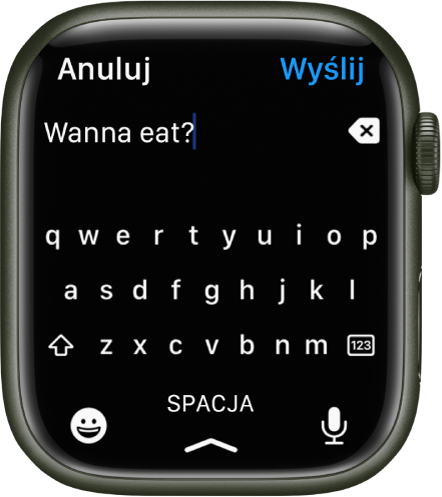Ekran wprowadzania tekstu z klawiaturą QWERTY. U góry widoczny jest tekst, a z jego prawej strony przycisk usuwania znaku. Na dole wyświetlane są przyciski emoji, spacji i dyktowania.