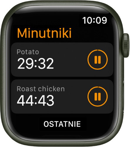 Dwa minutniki w aplikacji Minutniki. Pod nazwą każdego z minutników wyświetlany jest pozostały czas. Po prawej stronie znajdują się przyciski wstrzymywania. Na dole ekranu widoczny jest przycisk Ostatnie.