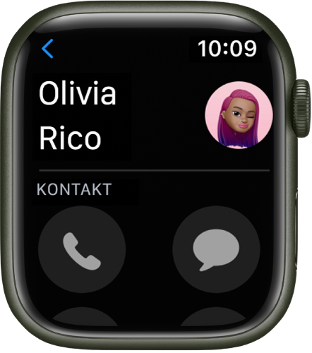 Aplikacja Kontakty wyświetlająca kontakt. W lewym górnym rogu wyświetlana jest nazwa kontaktu, a w prawym górnym — jego zdjęcie. Poniżej znajdują się przyciski aplikacji Telefon i Wiadomości.