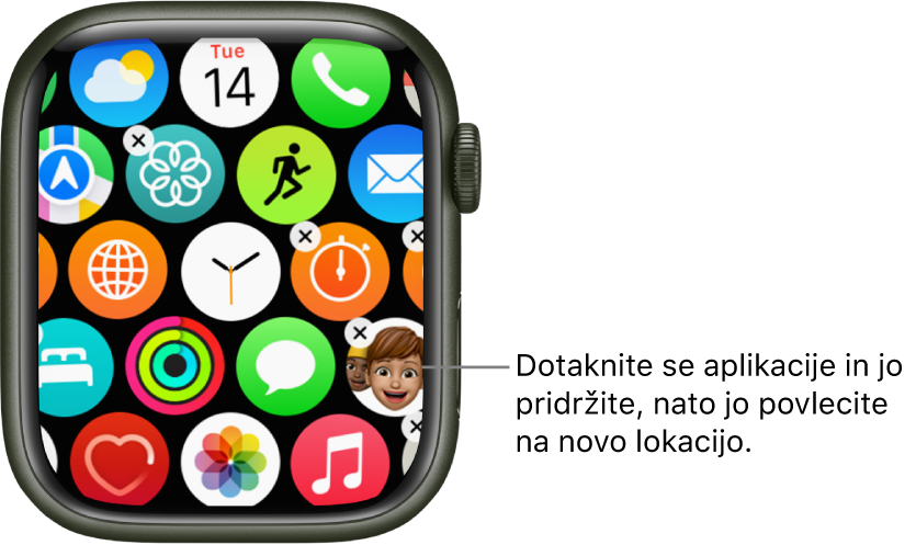 Zaslon Home (Domov) ure Apple Watch z aplikacijami v mreži.