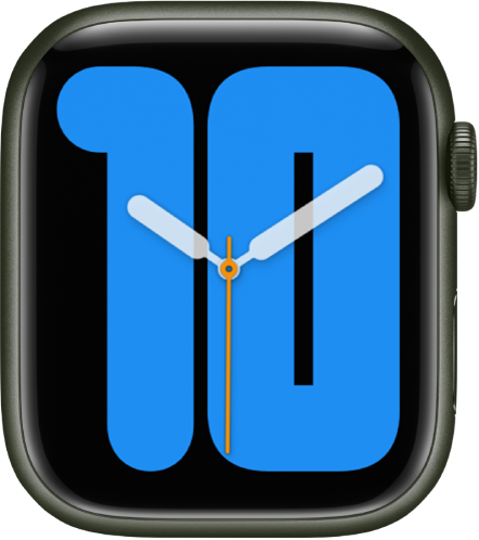 Številčnica Numerals Mono z analognimi kazalci čez veliko številko, ki prikazuje uro.