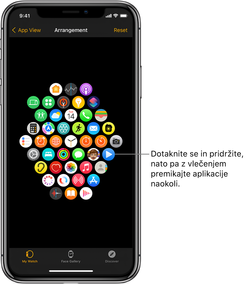 Zaslon Arrangement (Razporeditev) v aplikaciji Apple Watch, ki prikazuje mrežo ikon.