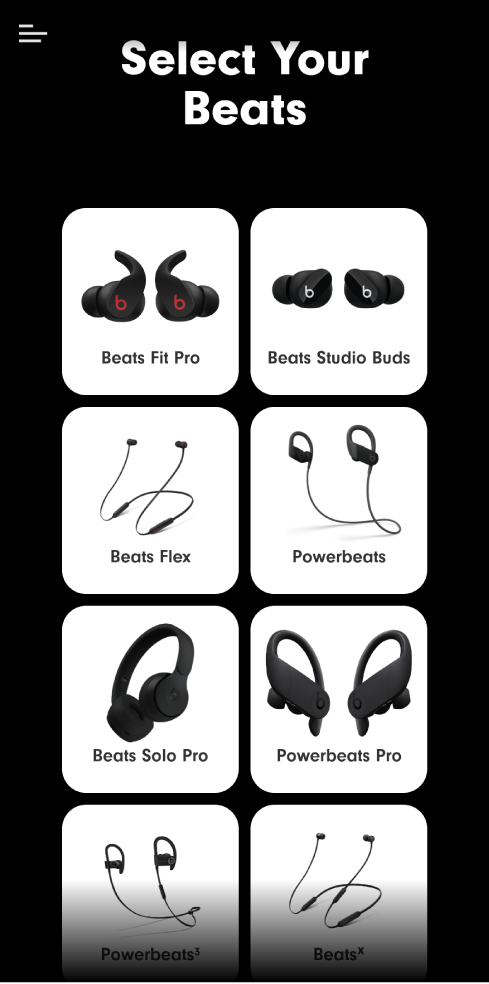 Obrazovka „Vyberte svoje Beats“ s přehledem podporovaných zařízení