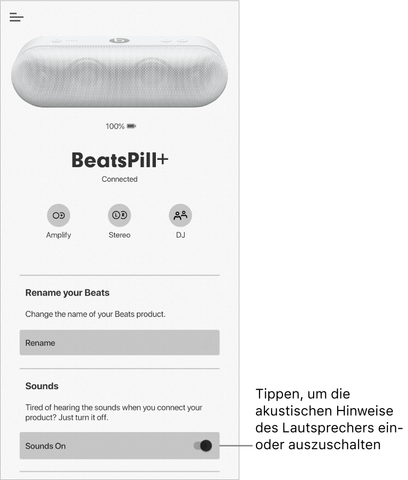 Steuerung „Töne“ im Bildschirm für das Gerät in der Beats-App
