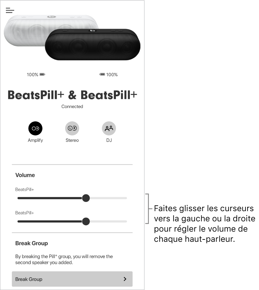 Écran de l’app Beats en mode Amplifier avec les commandes de volume de deux enceintes