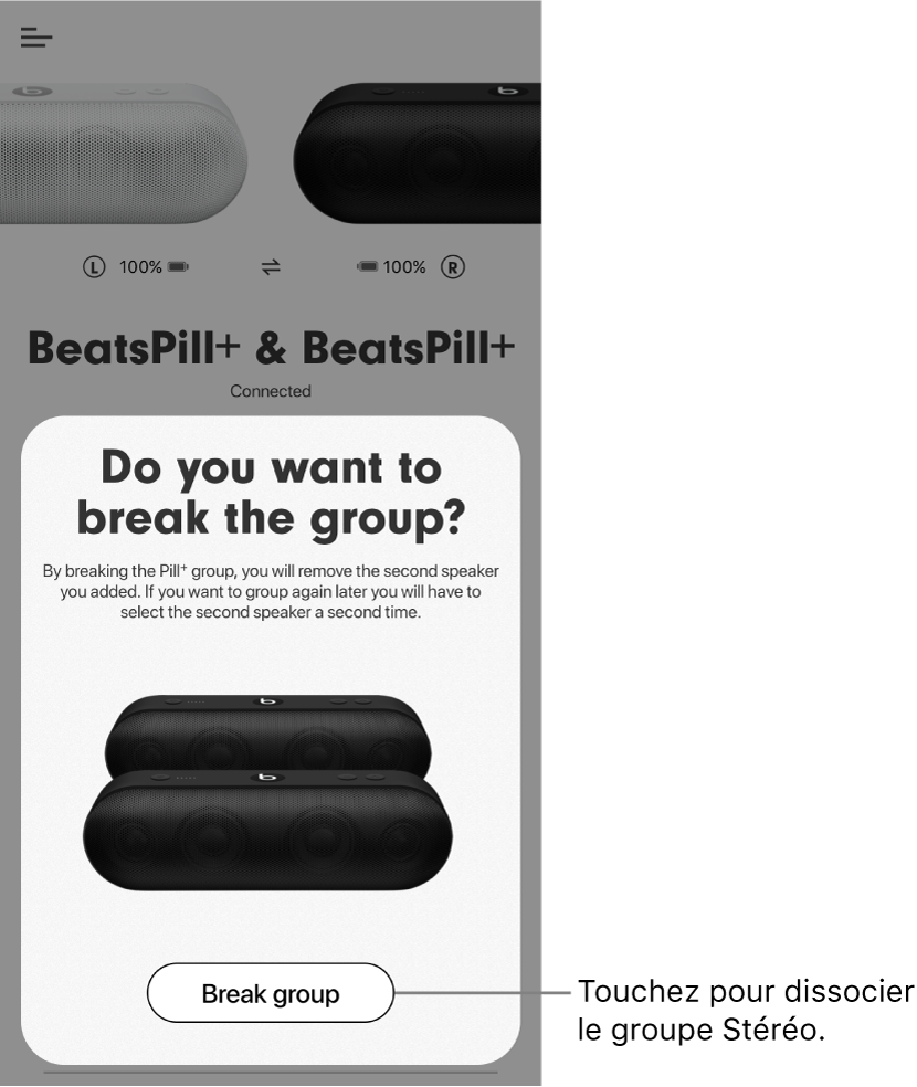 App Beats affichant l’option « Dissocier le groupe » d’une fiche