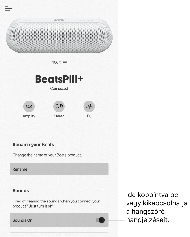 A „Hangok” vezérlő a Beats app eszközképernyőjén