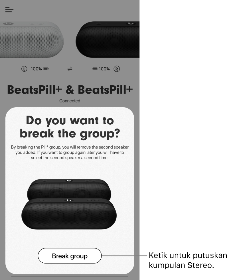 App Beats menunjukkan kad Putuskan kumpulan