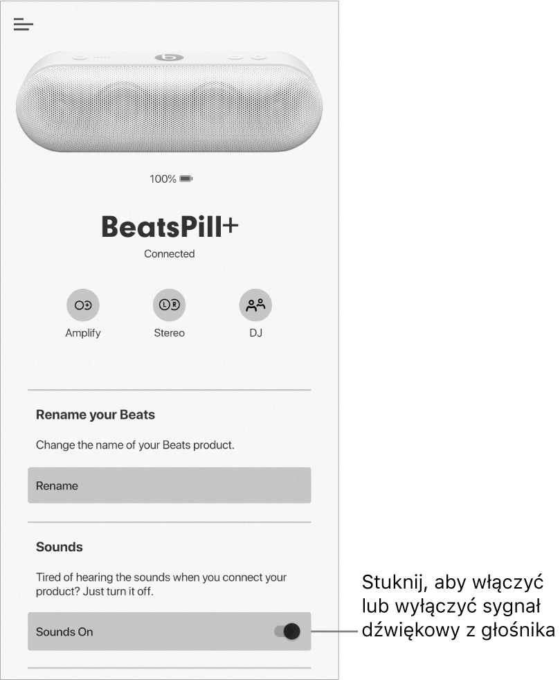 Przełącznik dźwięków na ekranie urządzenia w aplikacji Beats