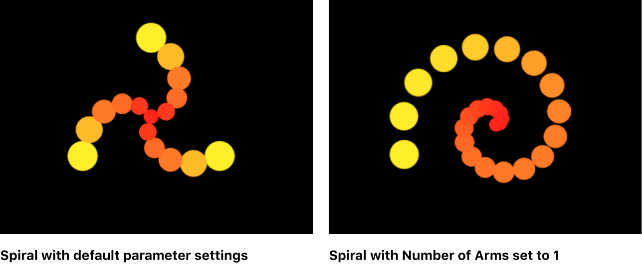 Vergleich spiralförmiger Replikatoren im Canvas, bei denen die Anzahl der Arme auf 0,25 und 1 eingestellt ist