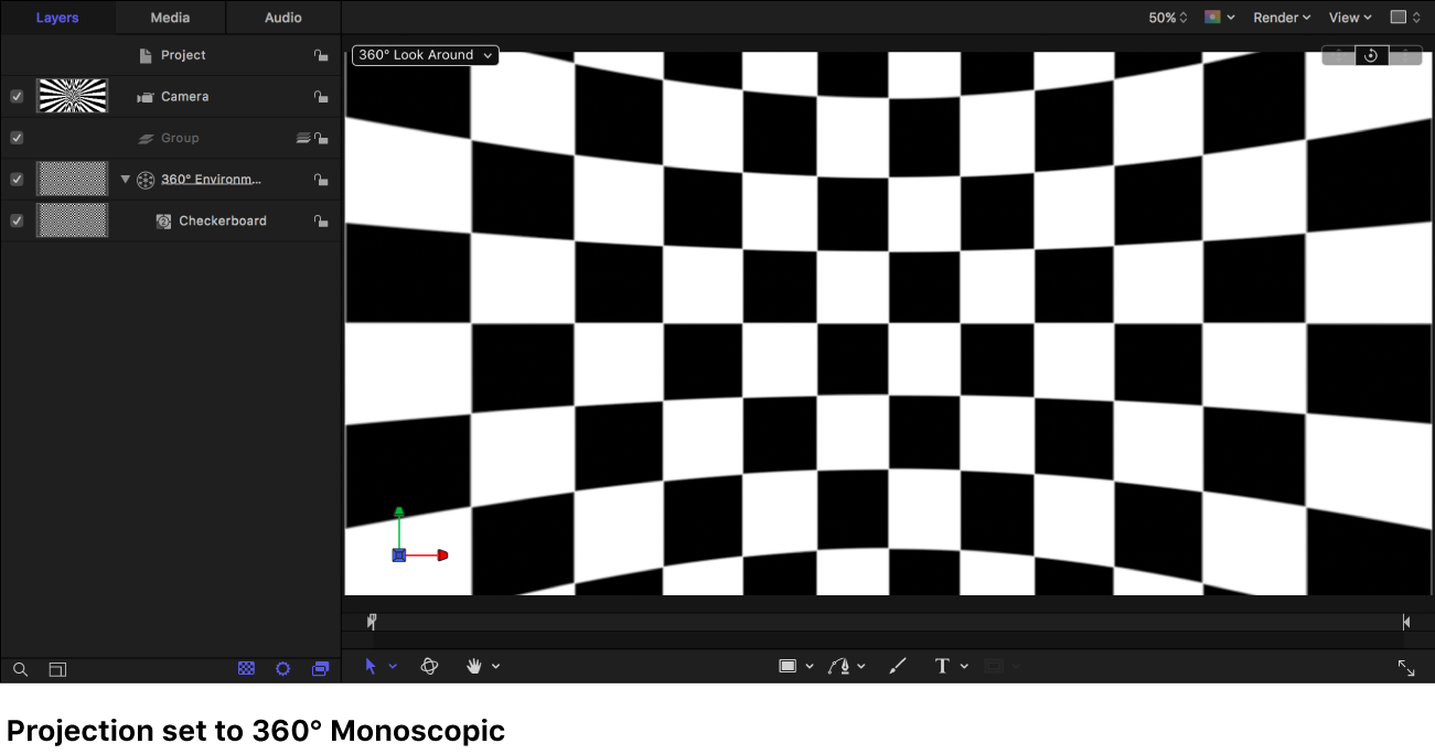 Canvas mit Generator „Schachbrettmuster“, der in der Projektion „360° monoskopisch“ angezeigt wird