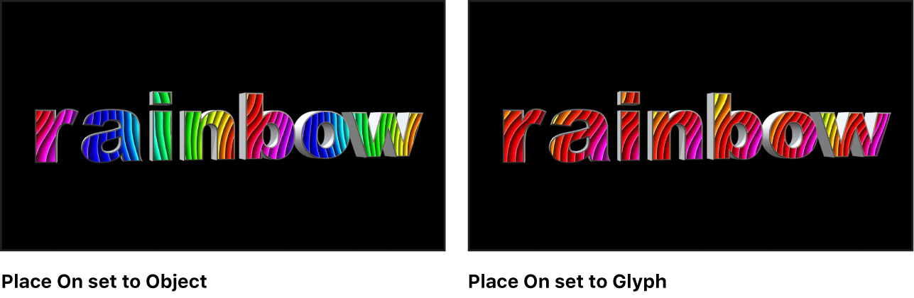 Canvas mit 3D-Text mit dem Parameter „Platzieren auf“ des zugeordneten Bilds auf „Objekt“ und auf „Glyphe“ eingestellt