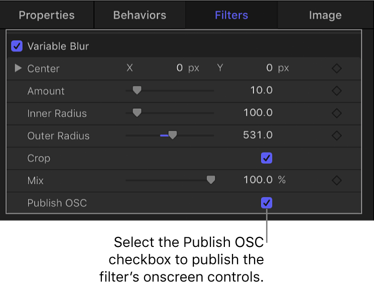Informationsfenster „Filter“ mit dem Feld „OSC veröffentlichen“