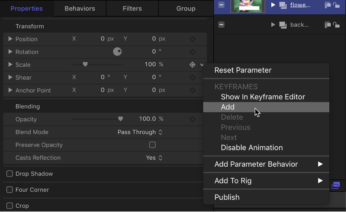 „Keyframe hinzufügen“ im Animationsmenü des Informationsfensters