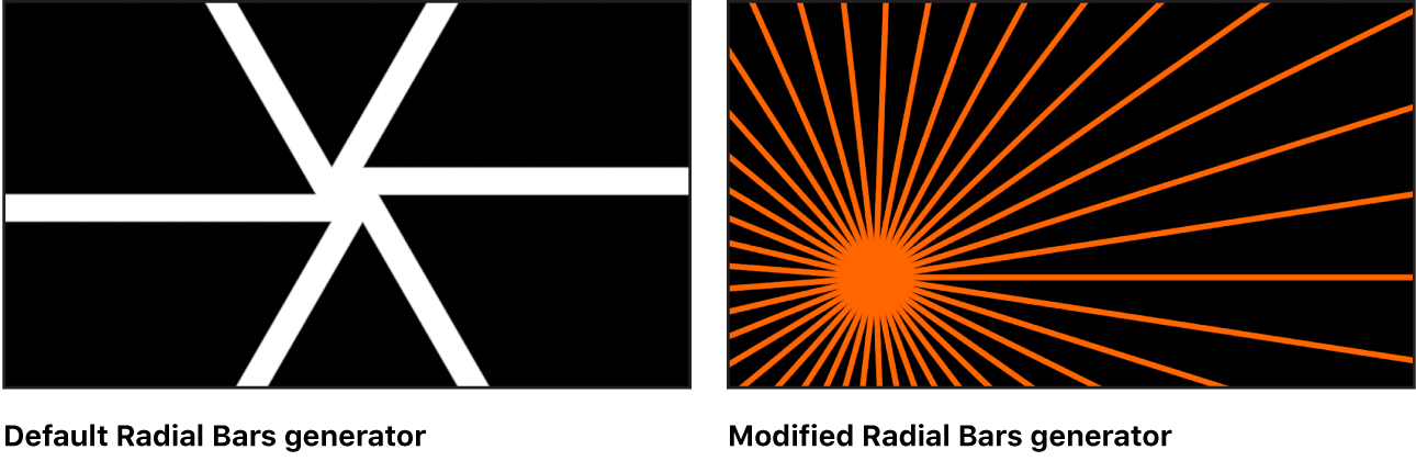 Canvas mit dem Generator „Radiale Balken“ und verschiedenen Einstellungen