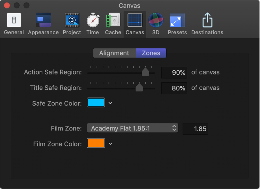 Fenster mit den Motion-Einstellungen mit eingeblendetem Bereich „Canvas“ und der Kategorie „Zonen“