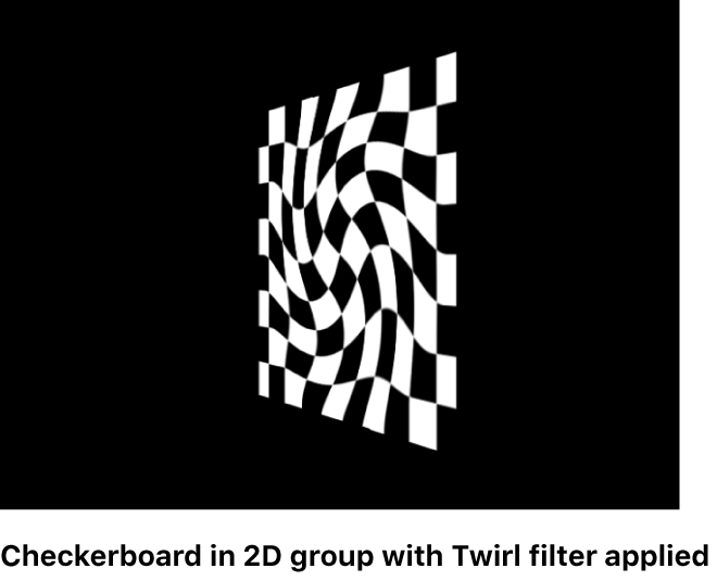 Canvas mit einem Schachbrettmuster in einer 2D-Gruppe, auf das der Filter „Wirbel“ angewendet wurde