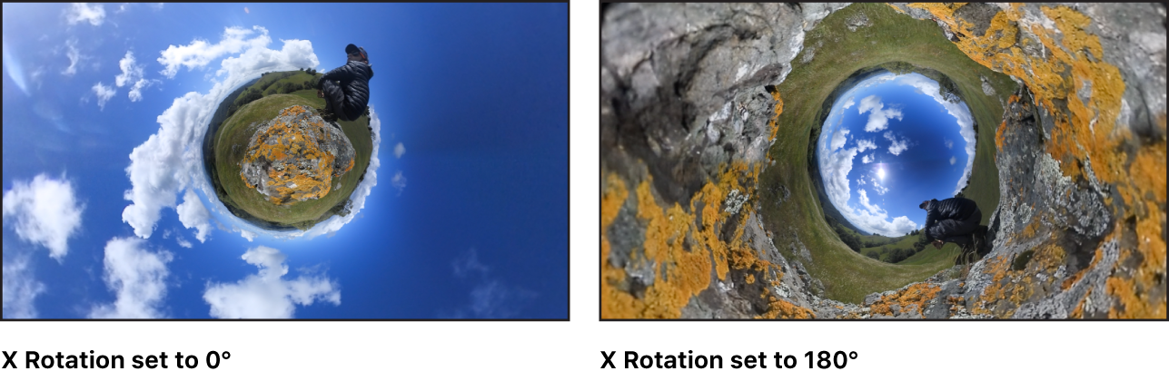 Canvas comparing the effect of the X Rotation parameter set to 0 and X Rotation parameter set to 175
