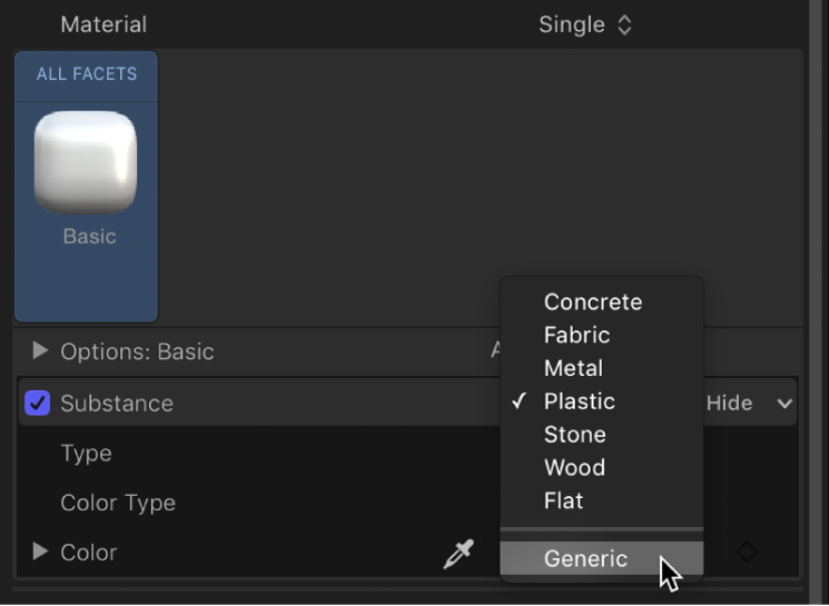 Choosing Generic from the Substance pop-up menu in the Appearance pane of the Text Inspector
