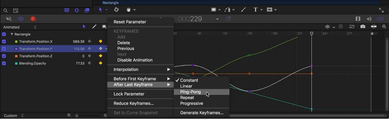 Keyframe Editor showing Before First Keyframe submenu of Animation menu
