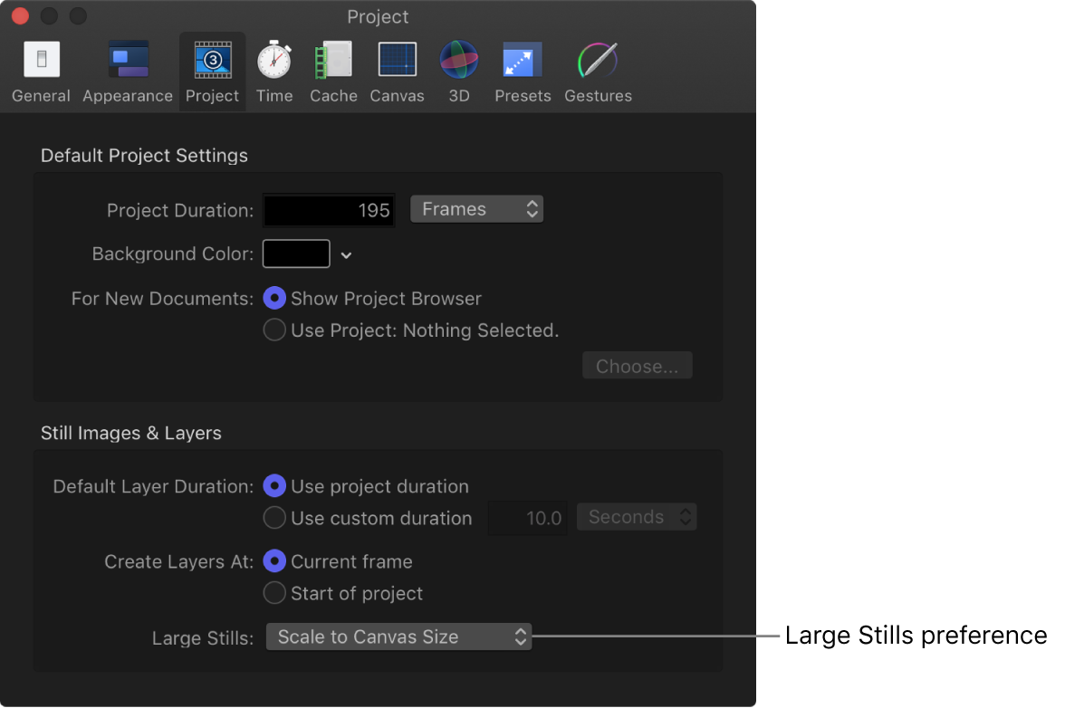 Preferences window showing Project pane with Large Stills pop-up menu set to Scale to Canvas Size