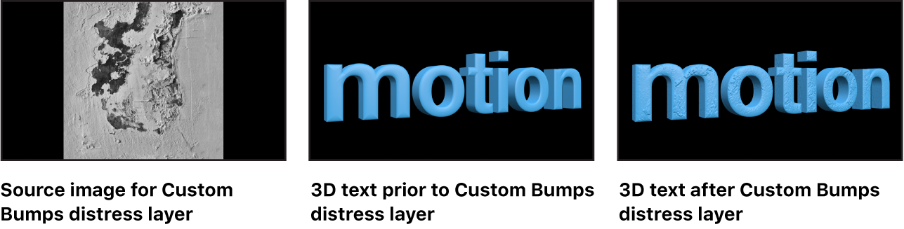 Canvas showing image used as Custom Bumps distress layer, 3D text prior to applying Custom Bumps distress layer, and 3D text after applying Custom Bumps layer