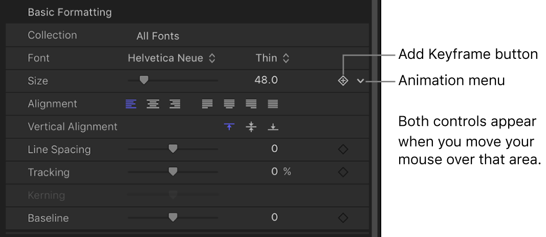 Animation menu icon for Text Size parameter, in the Inspector