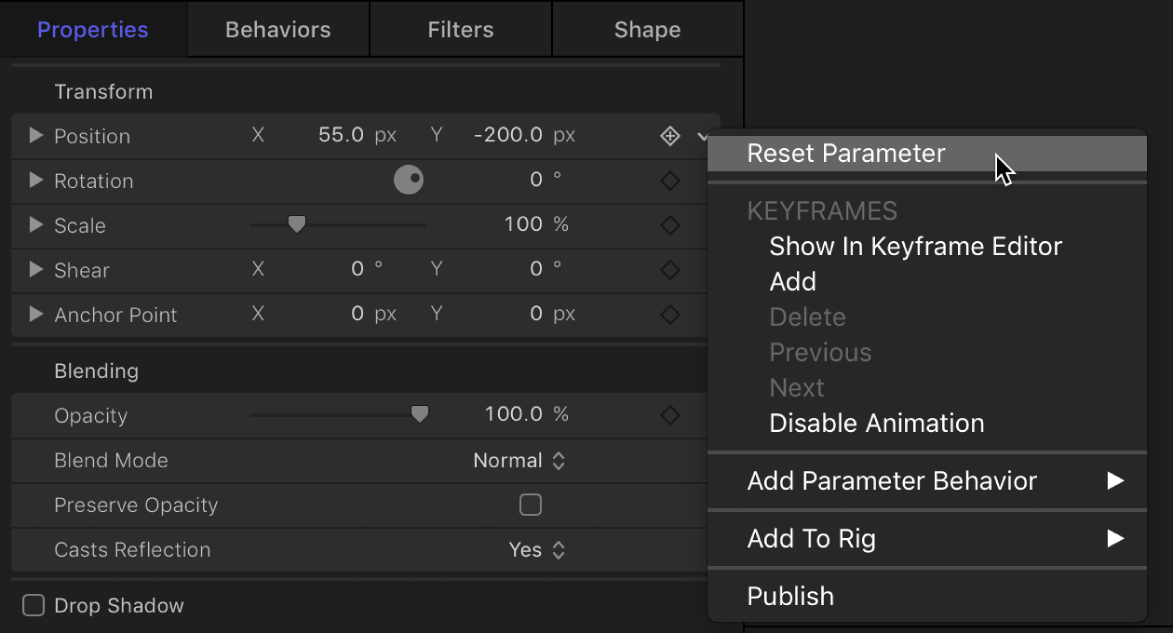 Reset parameter in the Animation menu