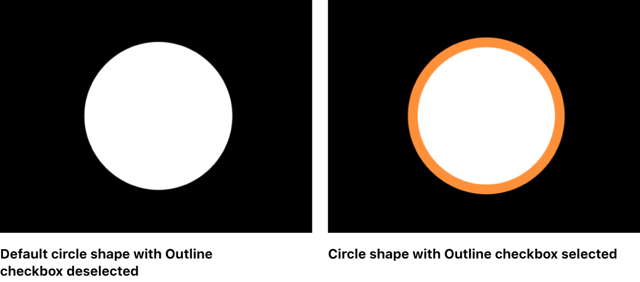 Canvas showing circle shape with and without Outline checkbox selected