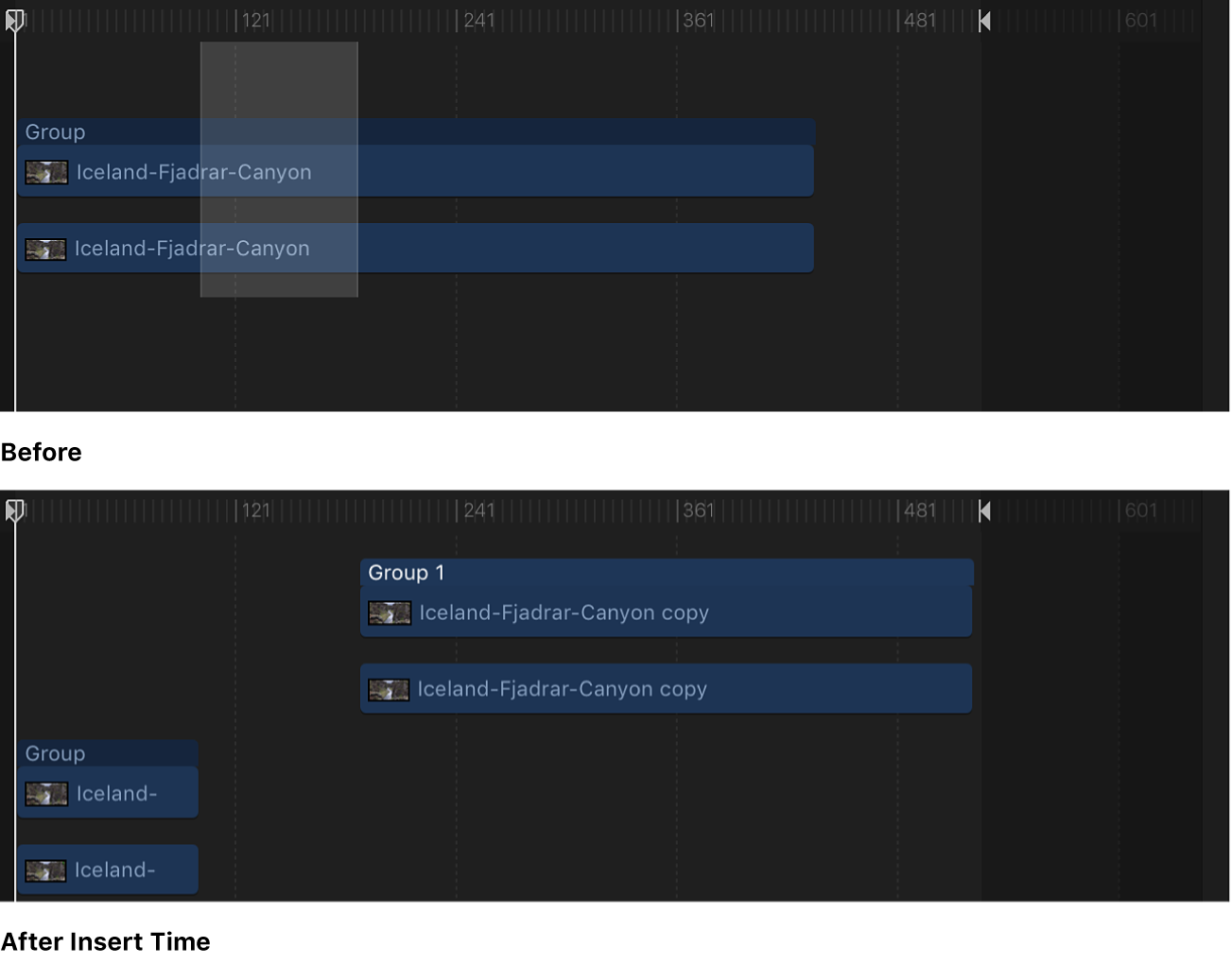 Timeline showing blank space being inserted into a sequence