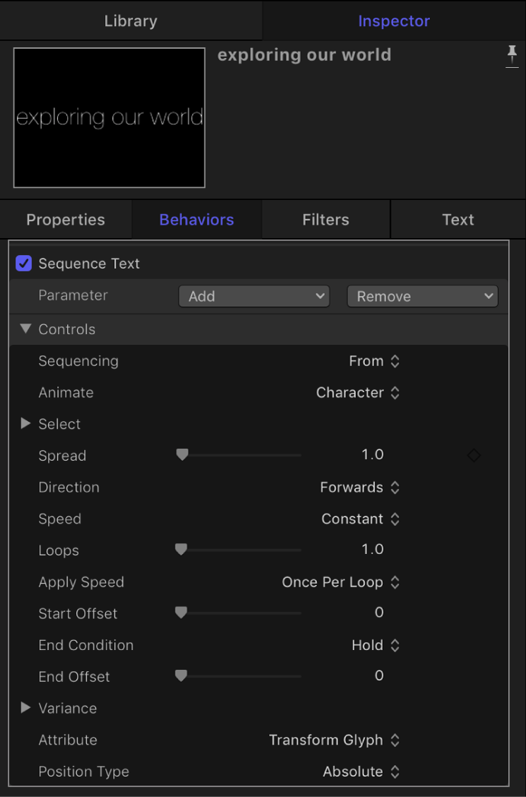Inspector showing Sequence Text behavior settings