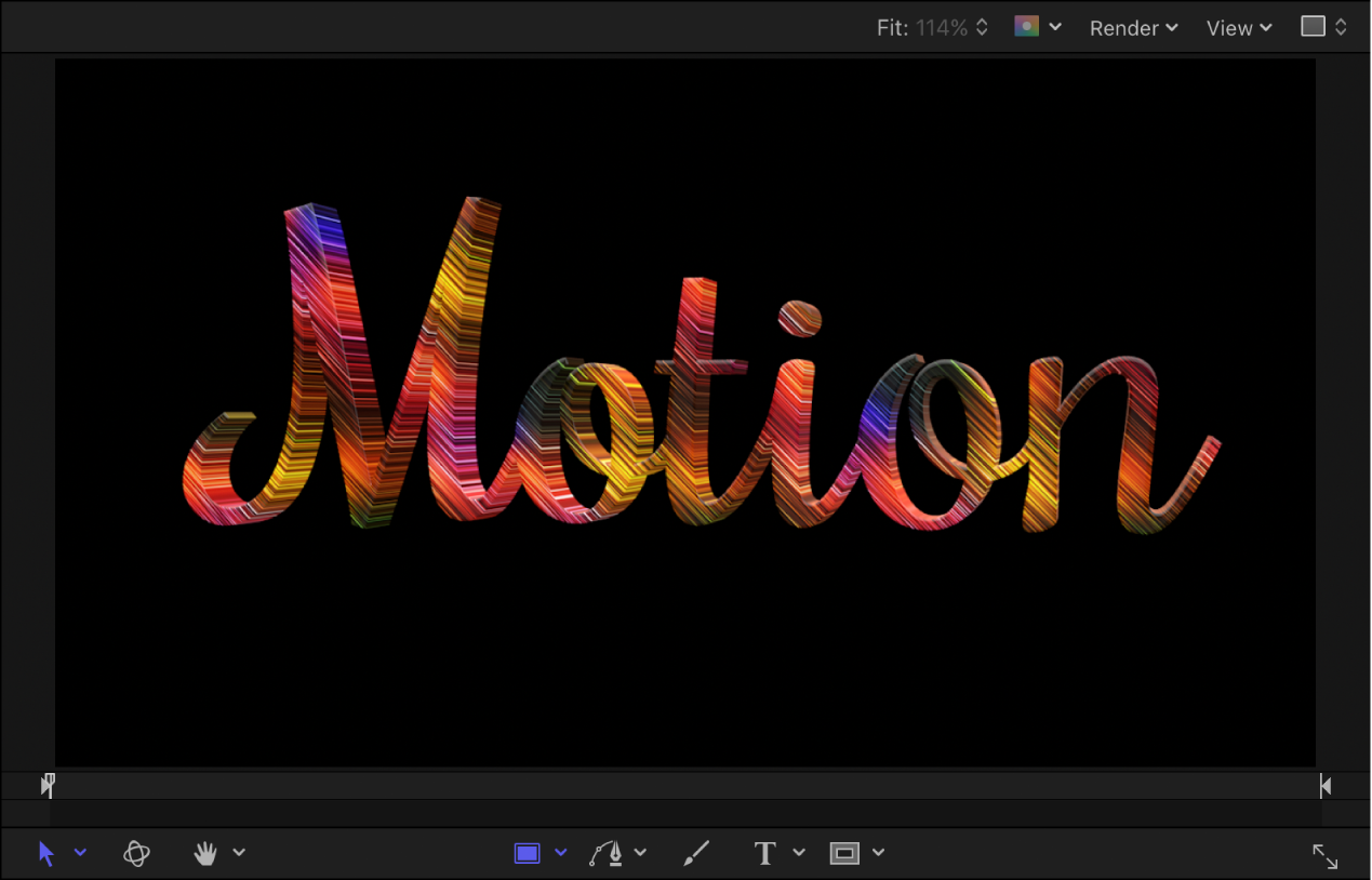Example of 3D text in the canvas with an applied Motion material layer
