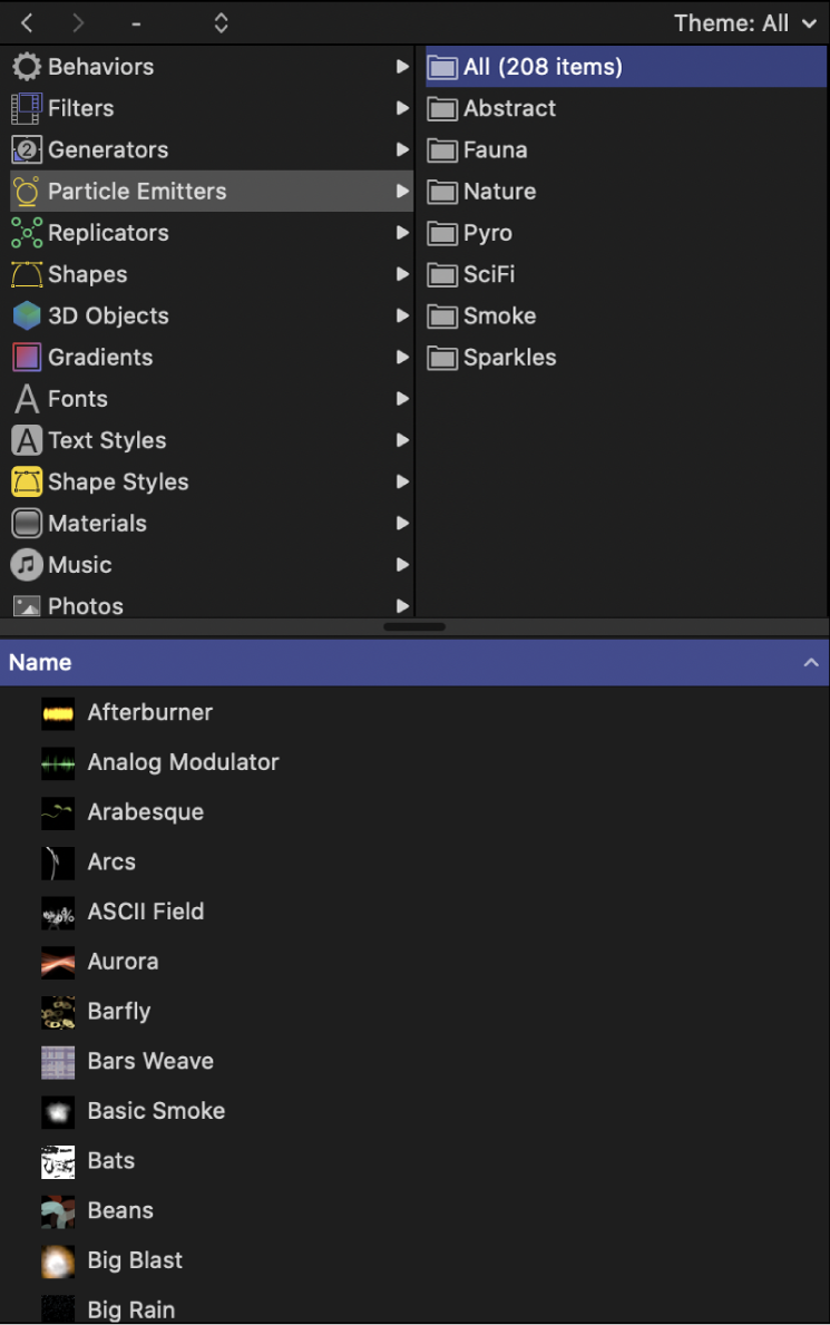 Library showing Particle Emitters categories