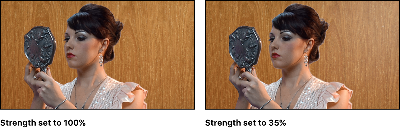 Comparison of two keyed images in the canvas. In the first example, Strength is set to 100 percent. In the second example, Strength is set to 35 percent.