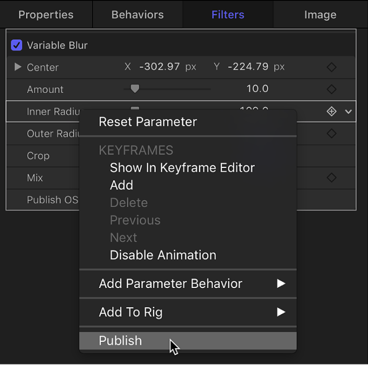 Publishing filter parameter from shortcut menu