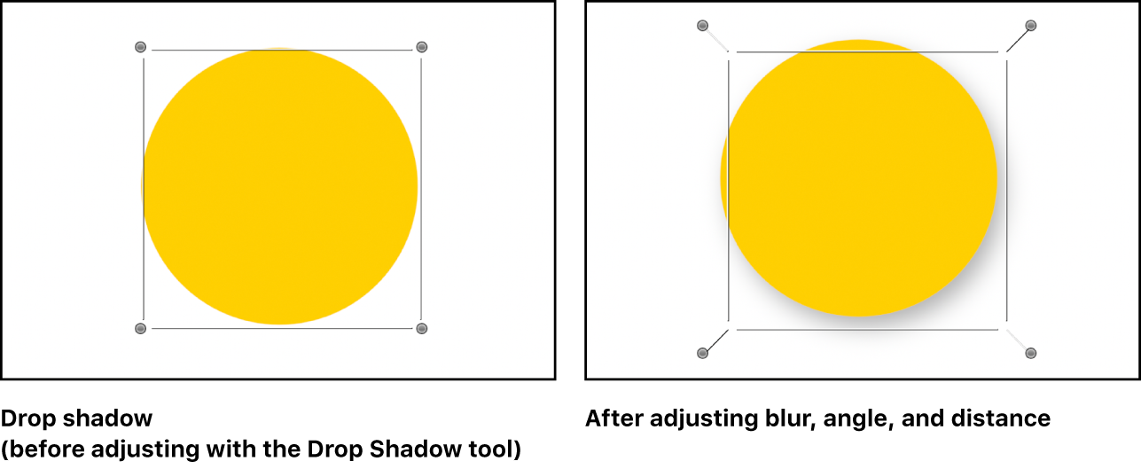 Canvas showing an object before its drop shadow is adjusted and the object as its drop shadow is being manipulated