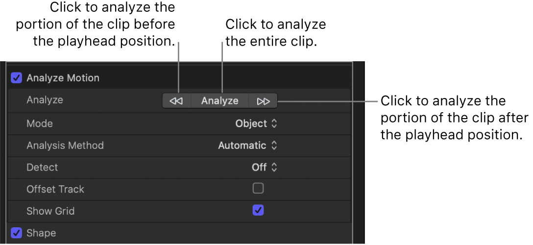Analyze buttons in the Analyze Motion tracking behavior