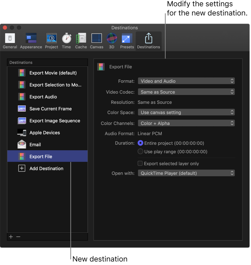 Motion Preferences window showing Destinations pane with Export File destination selected in Destinations list on the left and Export File settings displayed on the right