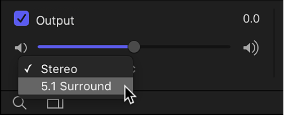 Audio list showing the output channel pop-up menu in the Output audio track area