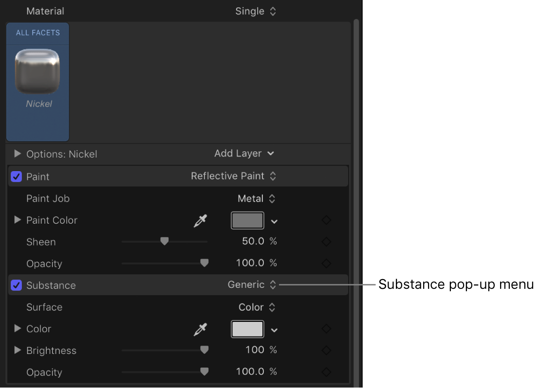 Selecting Metal from the Type pop-up menu in the Generic Substance controls (in the Appearance pane of the Text Inspector)
