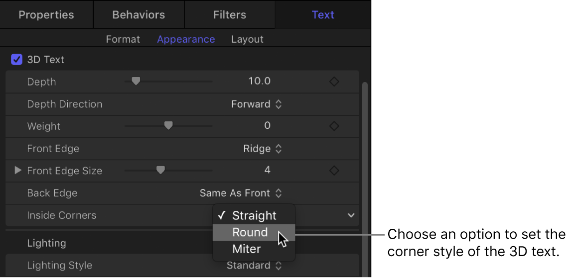 Appearance pane Text Inspector showing options in the Inside Corners pop-up menu