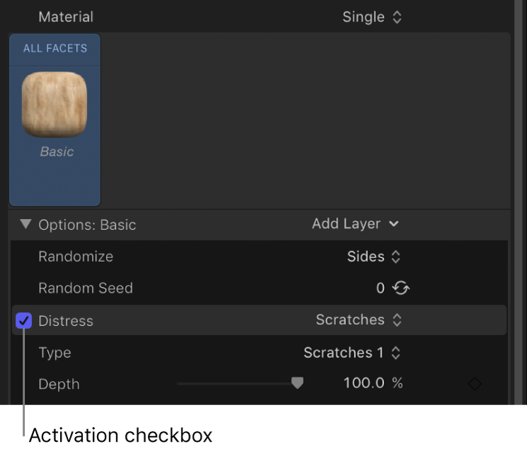 3D Text Inspector showing activation checkbox for a material layer
