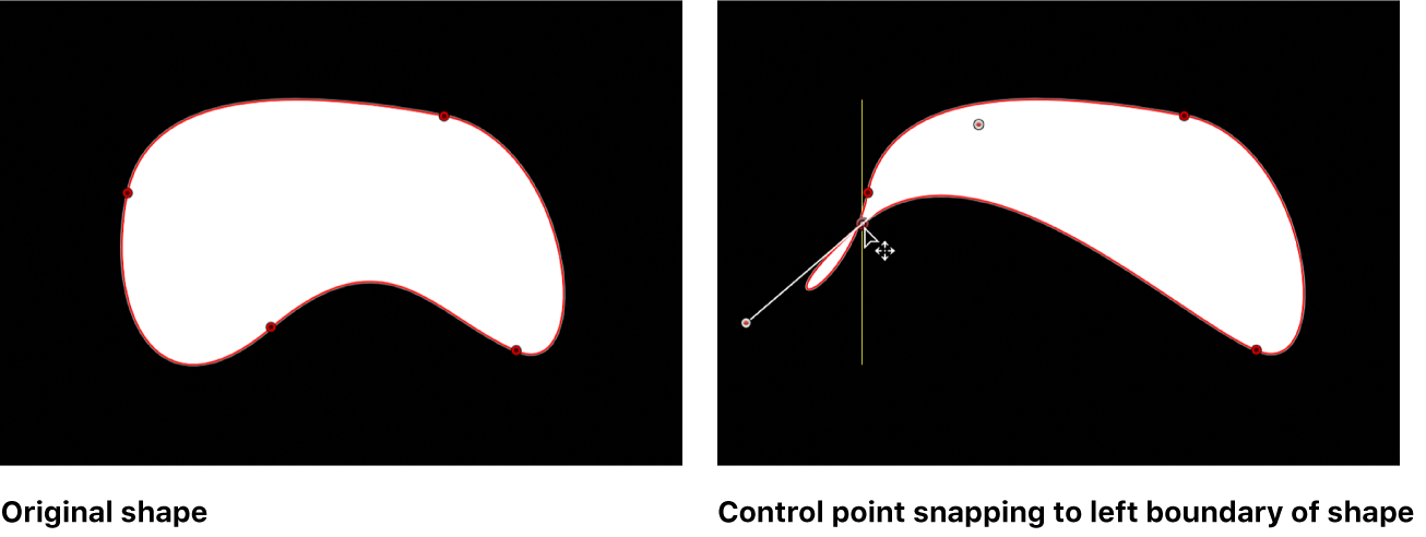 Canvas showing Bezier shape with a guide appearing when control point is aligned with another control point on same shape