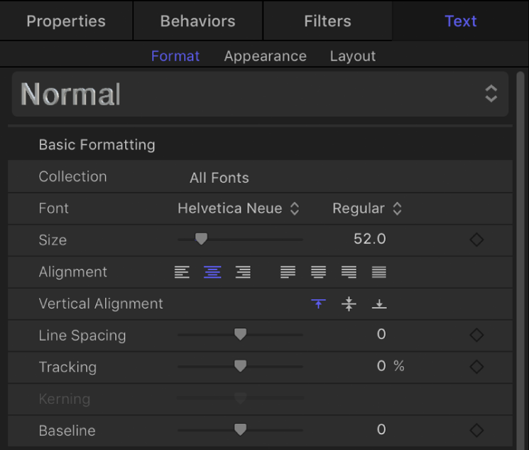 Basic Formatting controls in the Format pane of the Text Inspector