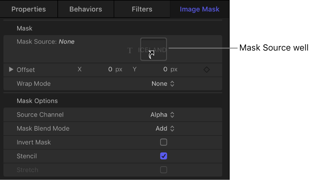 Image Mask Inspector showing object dragged to Mask Source image well