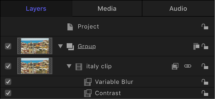 Layers list showing filters applied to an object