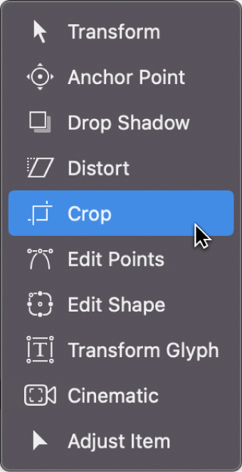 Selecting the Crop tool from the transform tools pop-up menu