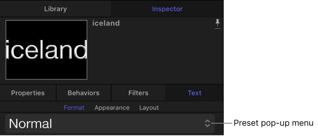 Text style preset pop-up menu in the Format pane of the Text Inspector