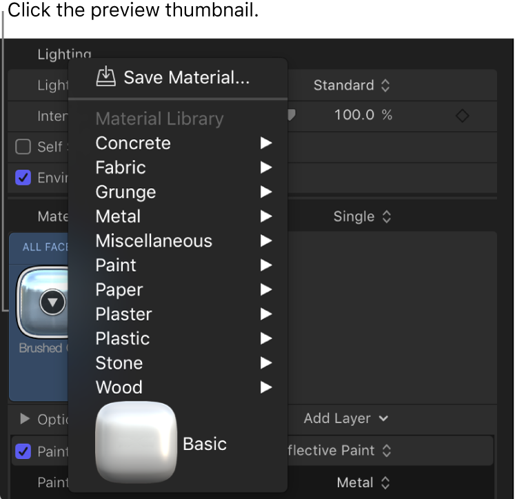 Options listed when you click the Material preview thumbnail in the Appearance pane of the Text Inspector